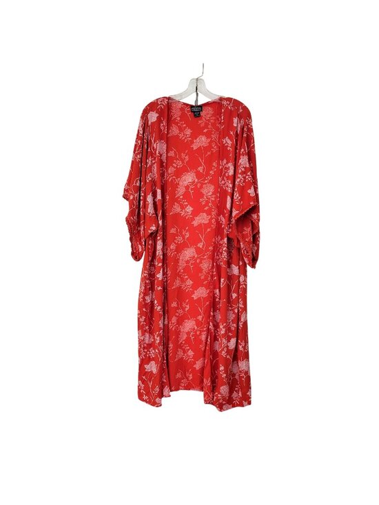 Cato Other - Angie Red Floral Print Kimono With Crochet Trimmed Sleeves - Women's Medium Open